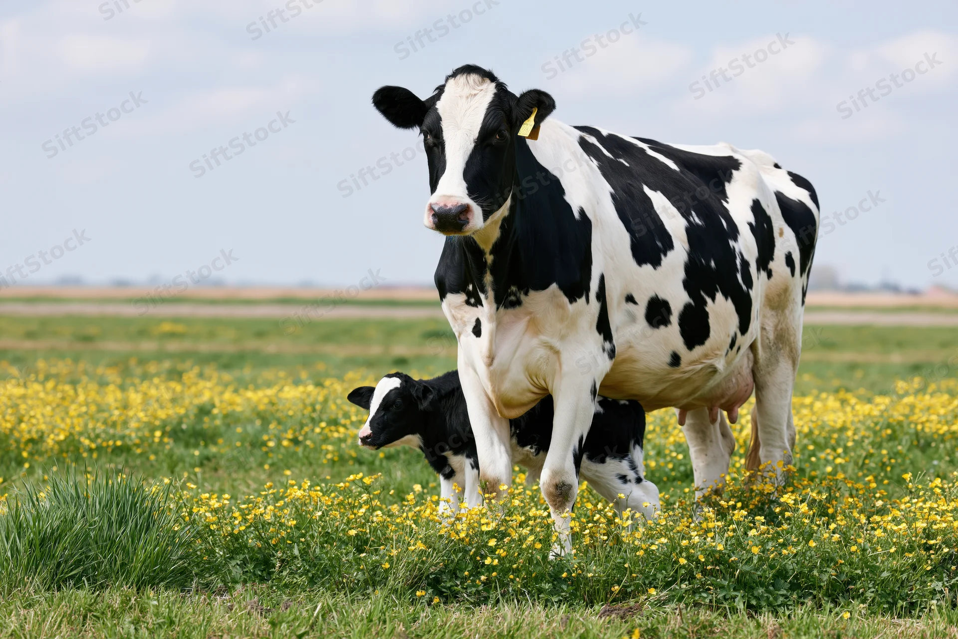 Holstein cow standing with calf in a field of yellow buttercups