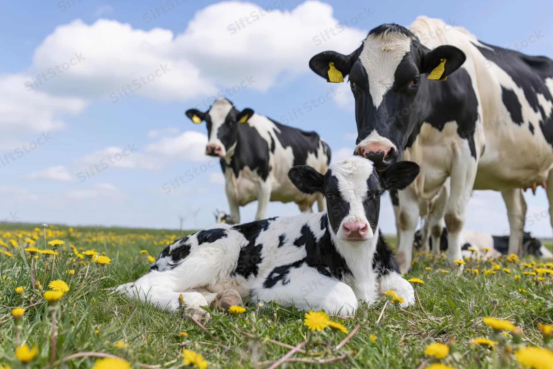 Holstein cow and calf resting in a grassy field with dandelions under a blue sky