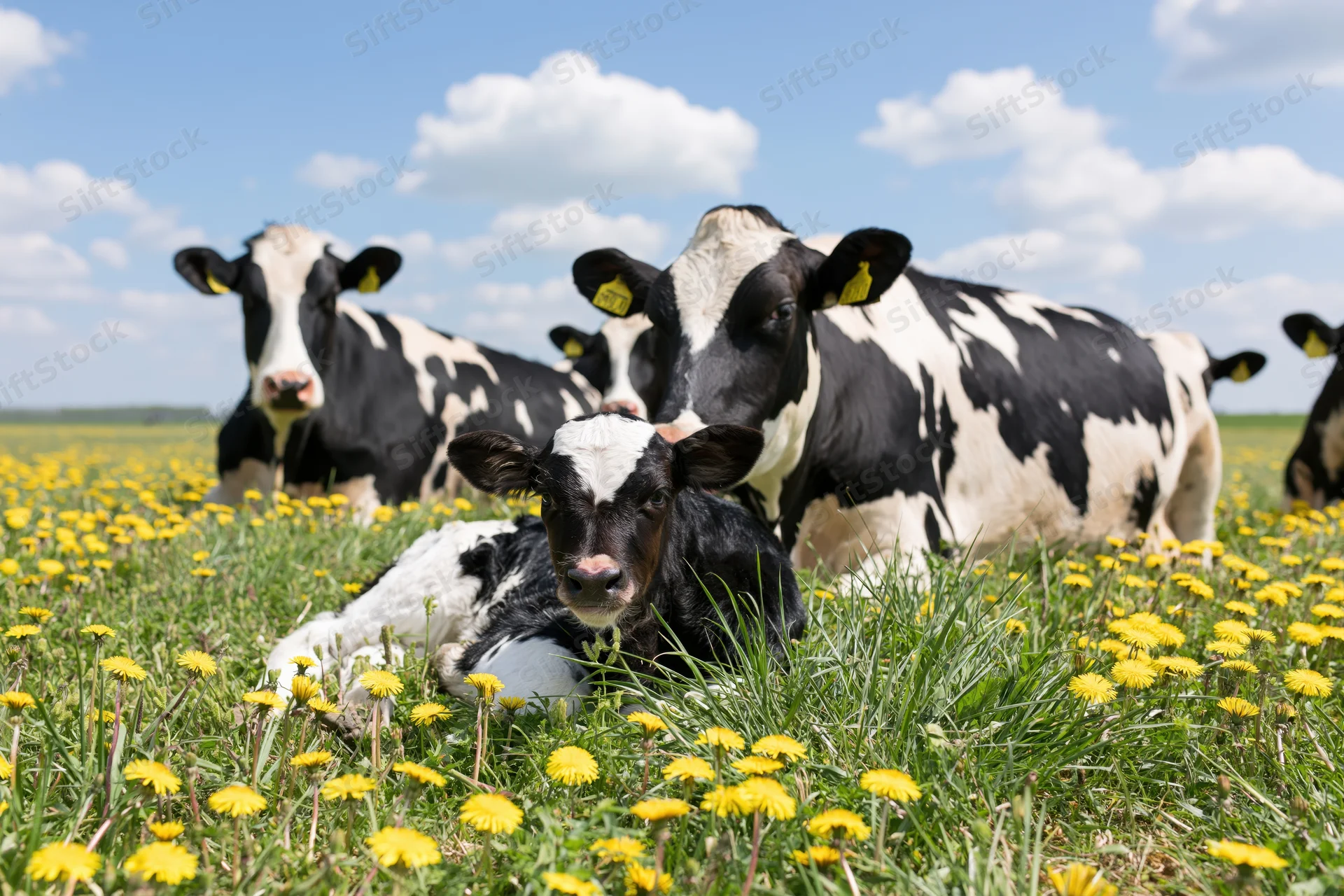 Holstein cows and calves resting in a grassy field with yellow dandelions under a blue sky