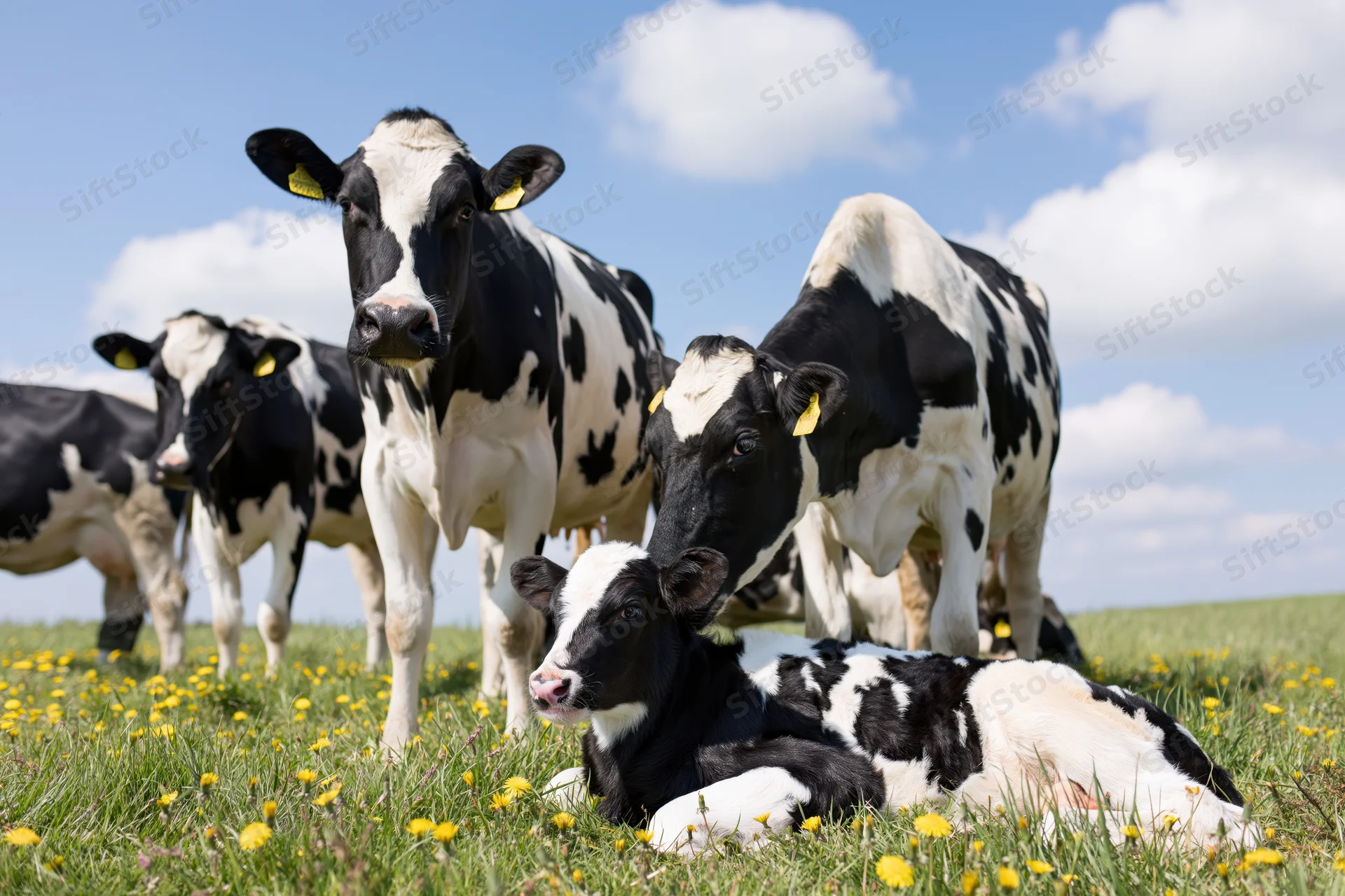 Holstein cows and calves in a grassy pasture with dandelions under a blue sky