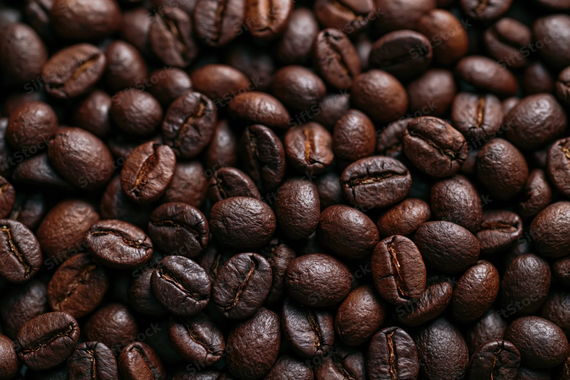 Closeup of dark roasted coffee beans filling the frame