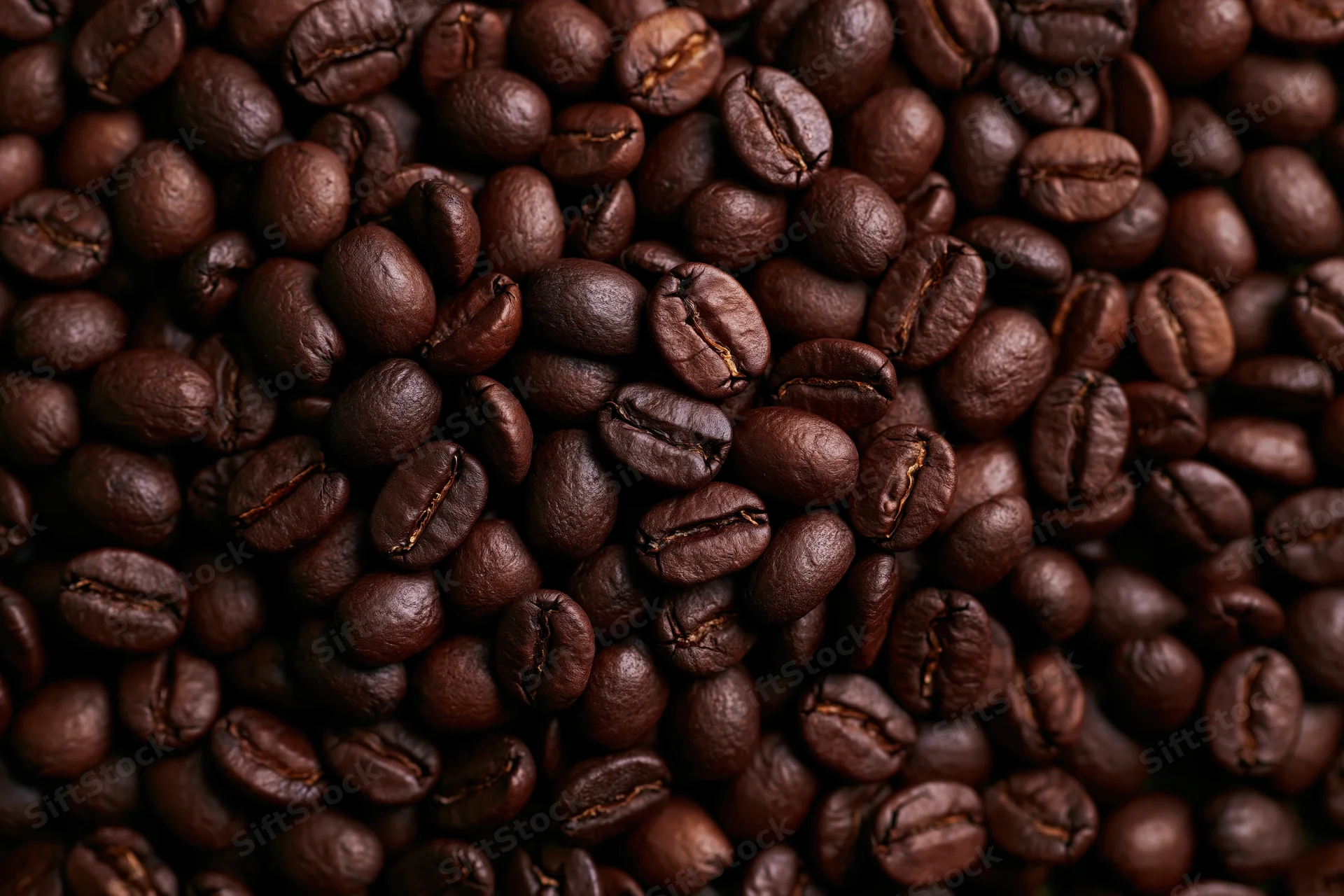 Closeup of dark roasted coffee beans filling the frame