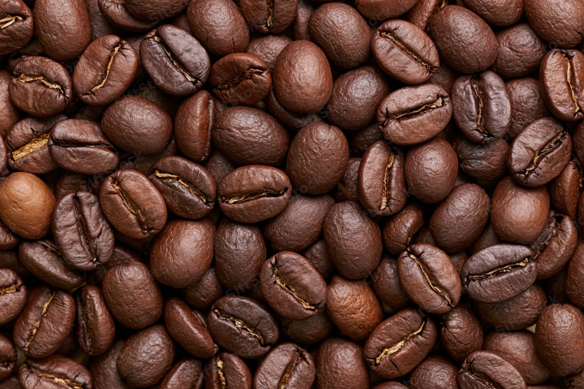Closeup of roasted coffee beans filling the frame
