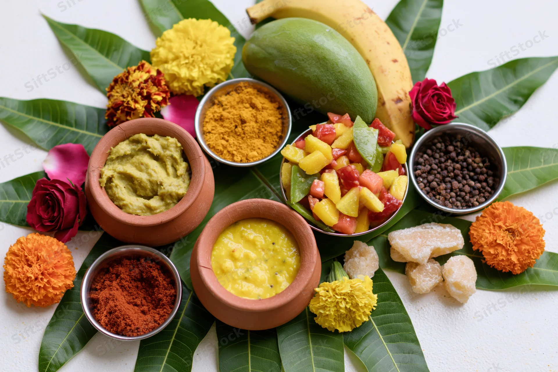 Puja thali with mango, banana, flowers, spices and sweets arranged on green leaves for hindu festival offering