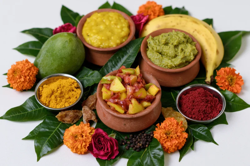 Puja thali arrangement with raw mango, banana, spices, flowers and leaf garnish on white background