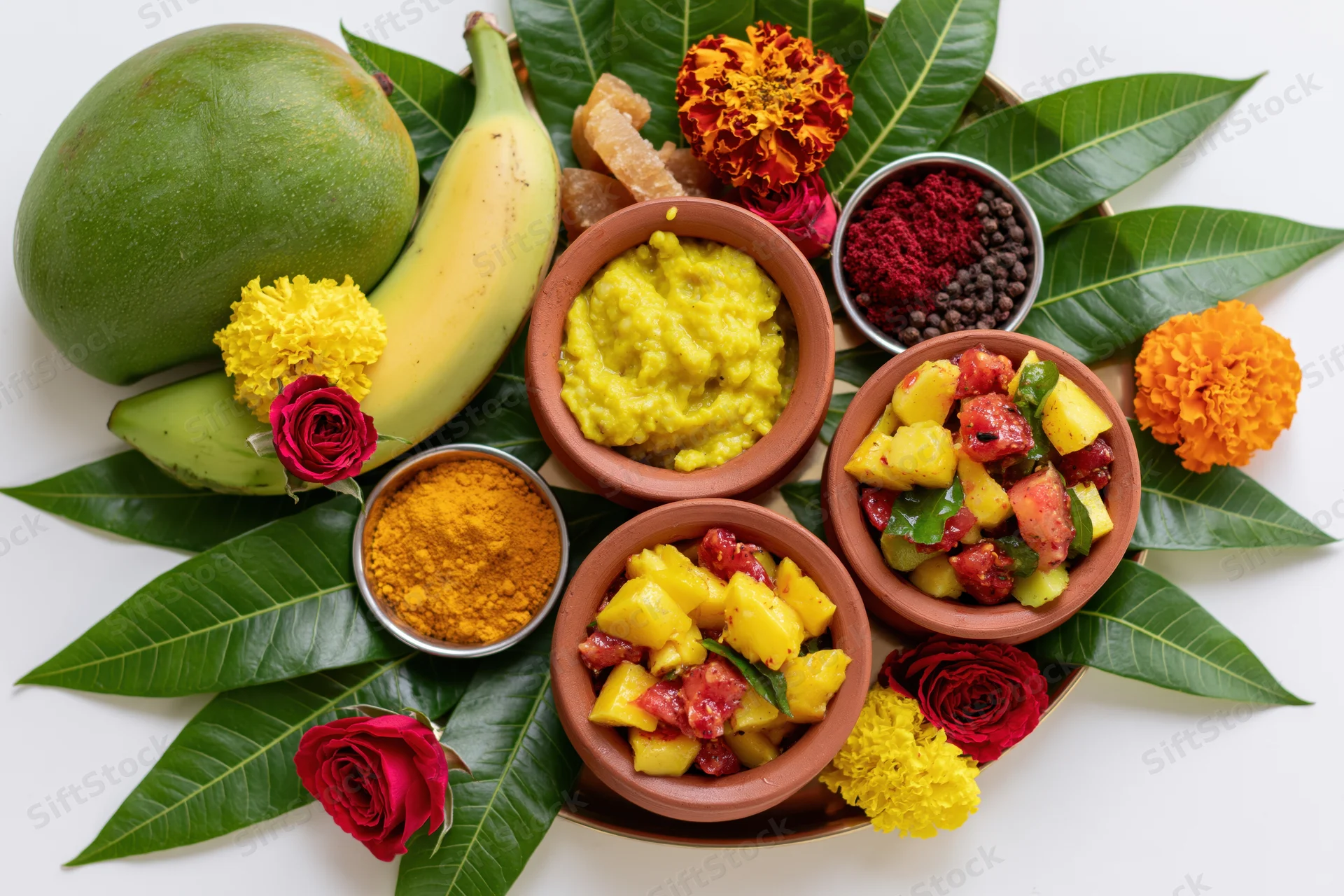 Puja thali with raw mango, banana, spices, flowers and leaf arrangement on white surface