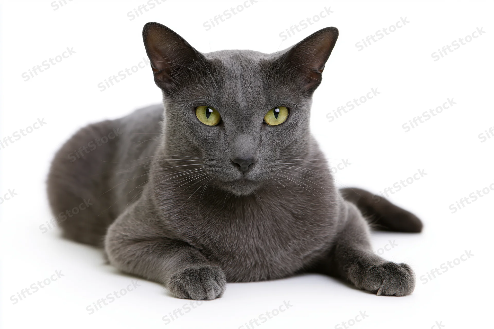 Gray korat cat lying down with paws extended facing forward on white background