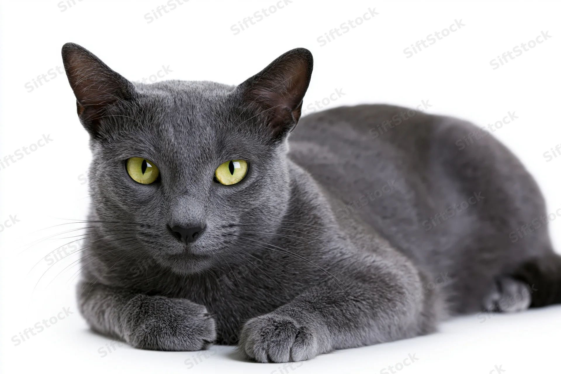 Gray korat cat lying down with paws extended facing forward on white background