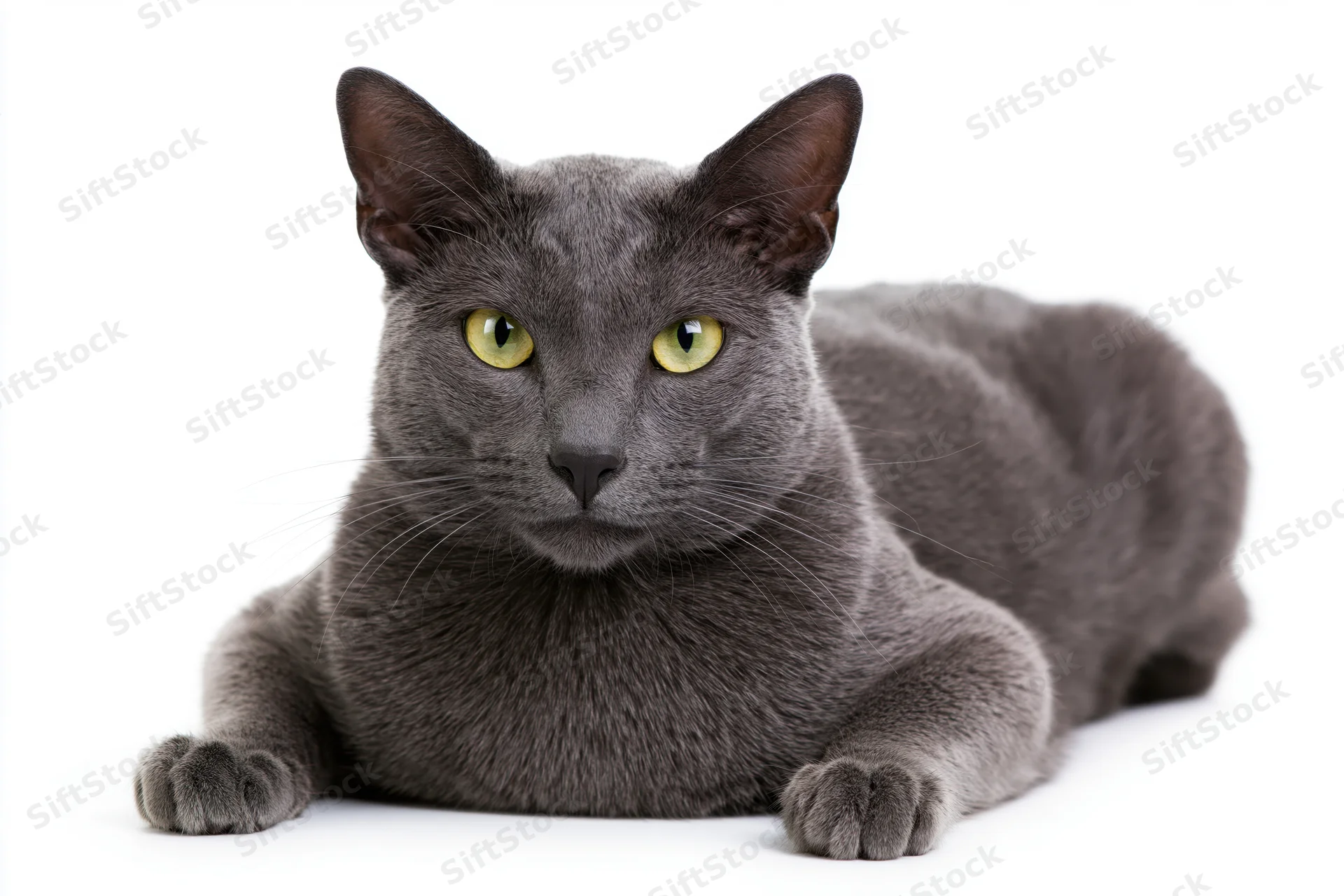 Gray korat cat lying down with paws extended facing forward on white background
