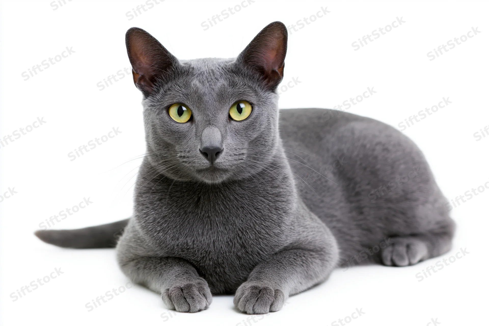 Gray korat cat lying down with paws extended facing forward on white background