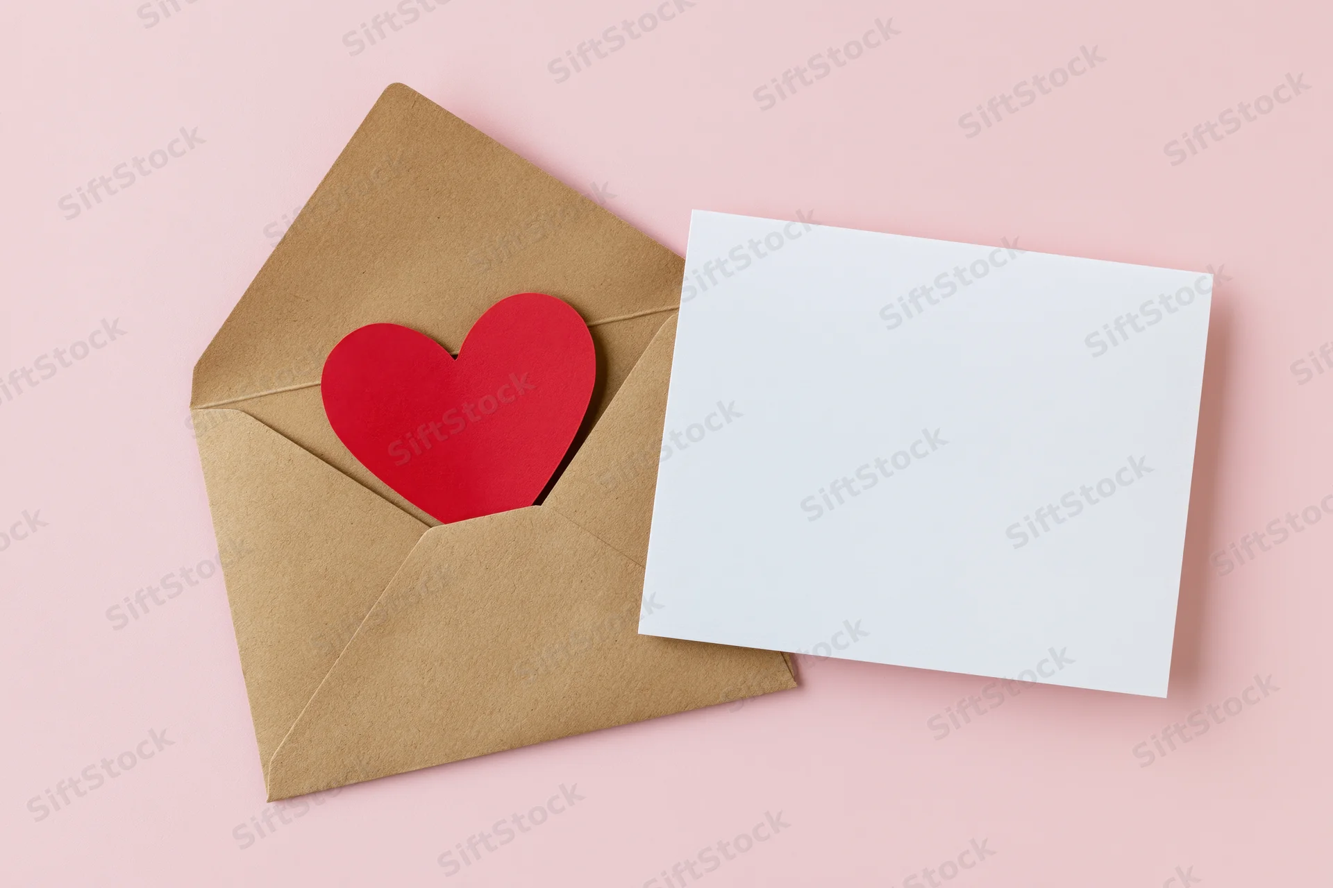 Open kraft envelope with red heart cutout beside blank white card on pink surface