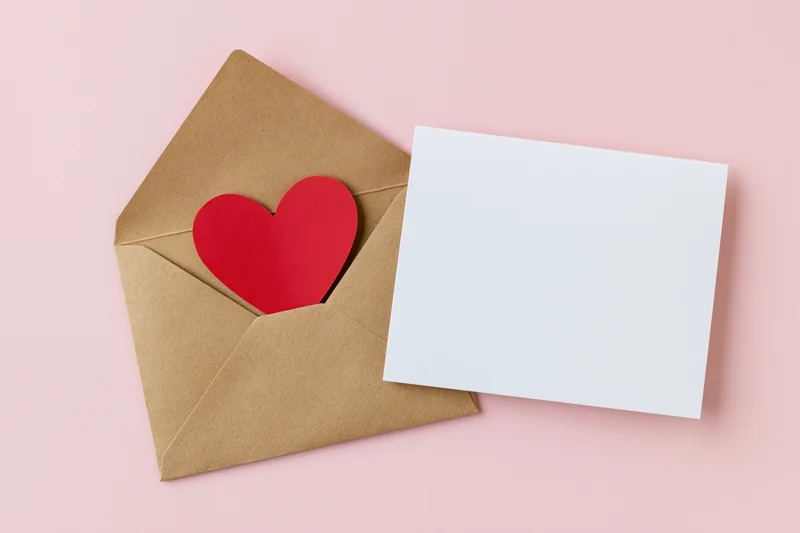 Open kraft envelope with red heart cutout beside blank white card on pink surface