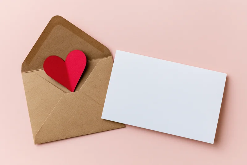 Open kraft envelope with red paper heart peeking out beside blank white card on pink surface