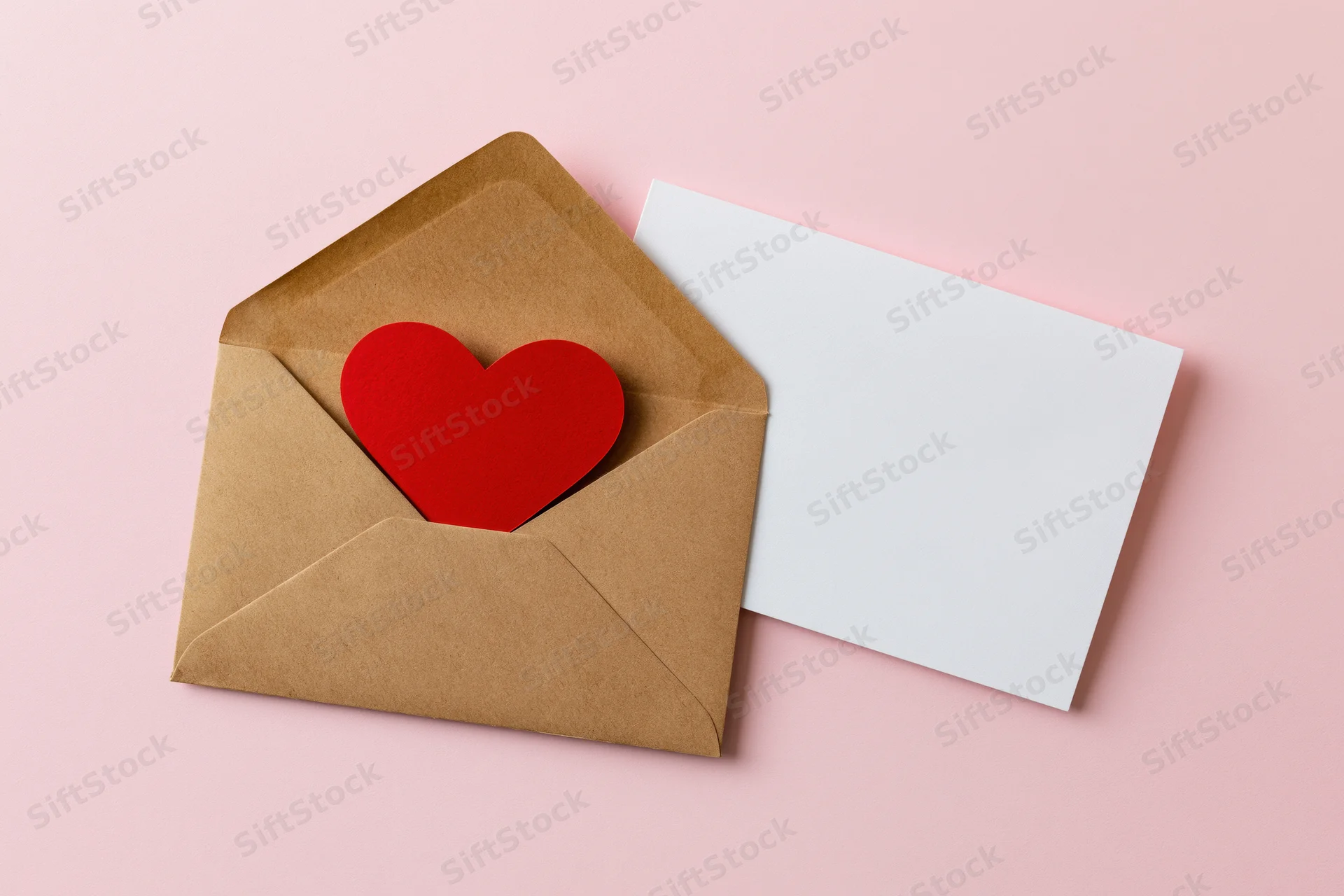 Open kraft envelope with red heart cutout beside blank white card on pink background