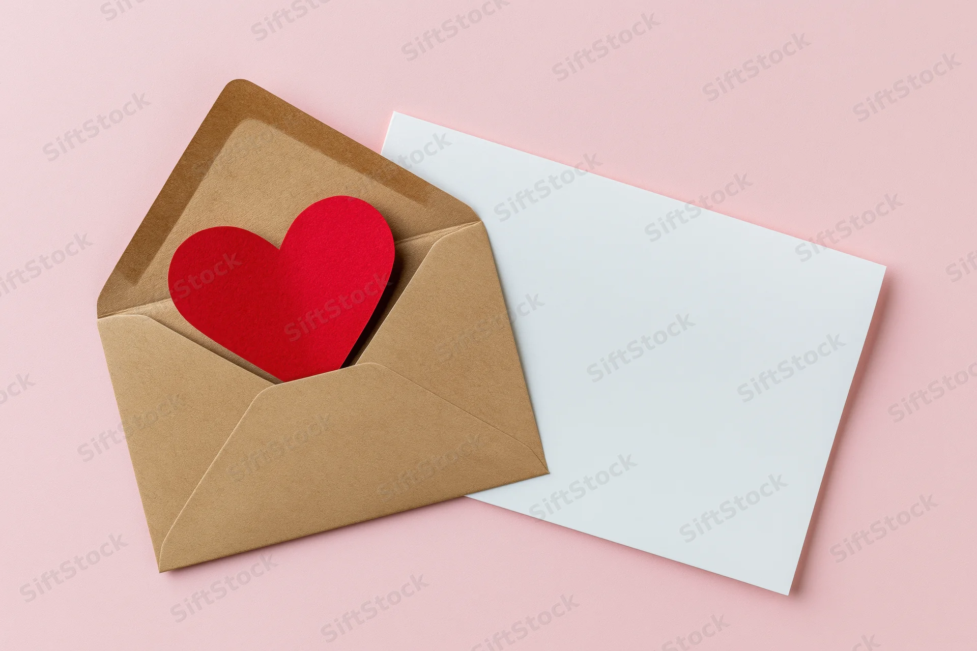 Open kraft envelope with red paper heart cutout beside blank white card on pink surface