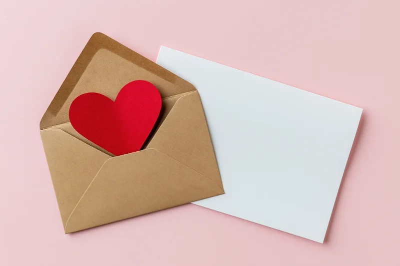 Open kraft envelope with red paper heart cutout beside blank white card on pink surface