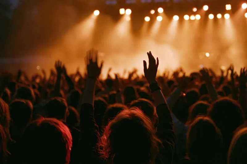 Crowd of people with hands raised at a concert stage under warm spotlights
