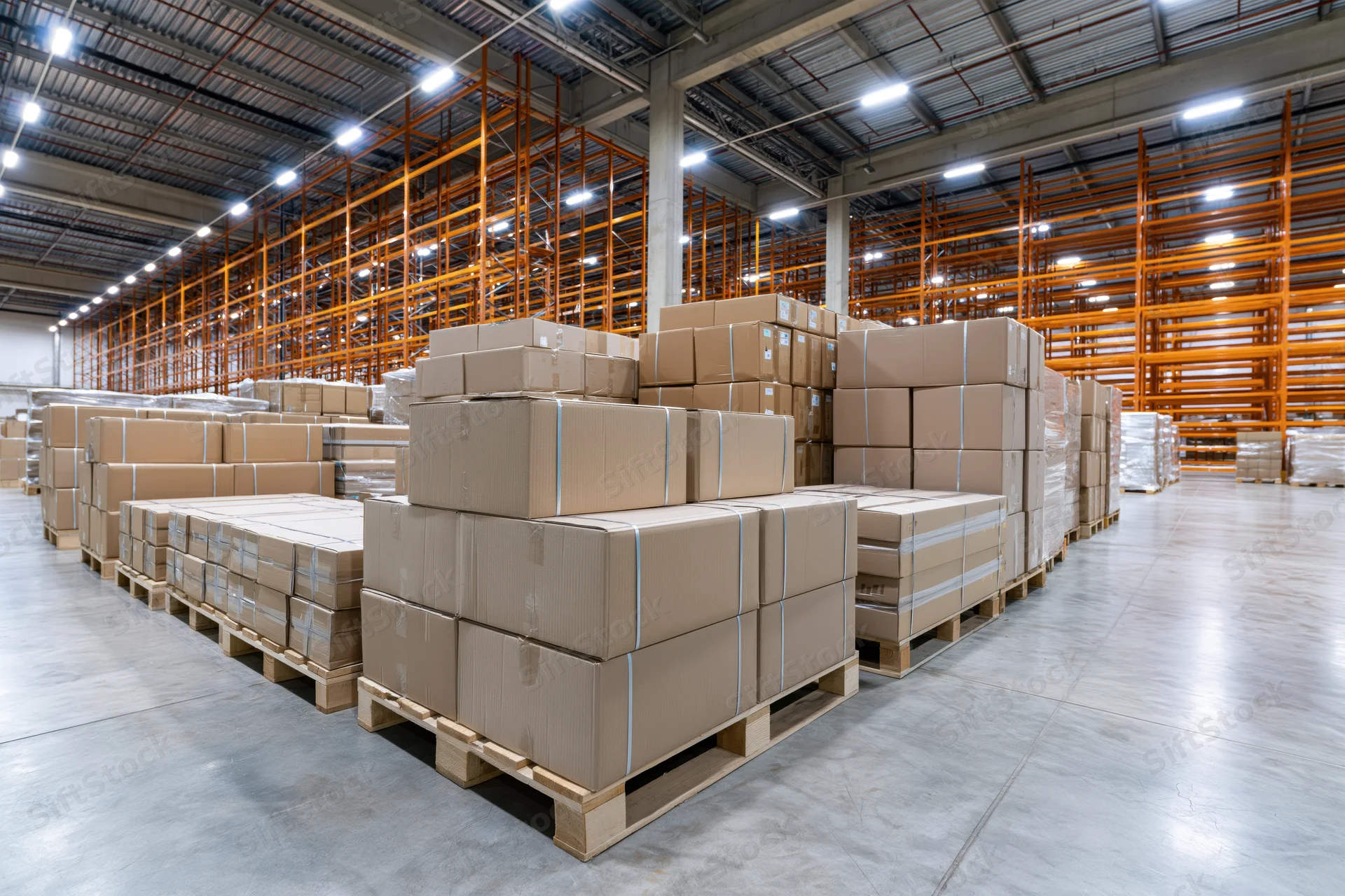 Stacked cardboard boxes on pallets in a large industrial warehouse with metal racking and overhead lighting