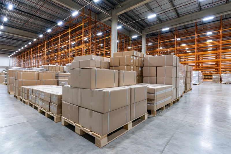 Stacked cardboard boxes on pallets in a large industrial warehouse with metal racking and overhead lighting