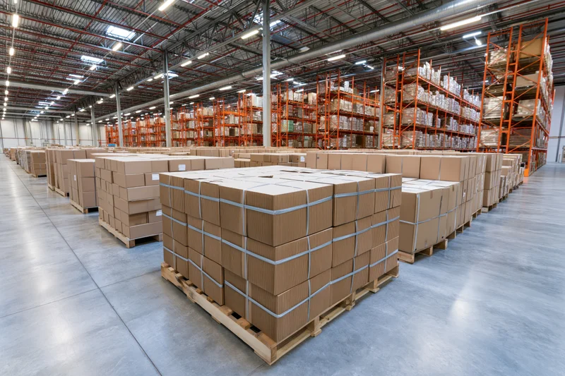 Rows of stacked cardboard boxes on pallets in a large industrial warehouse