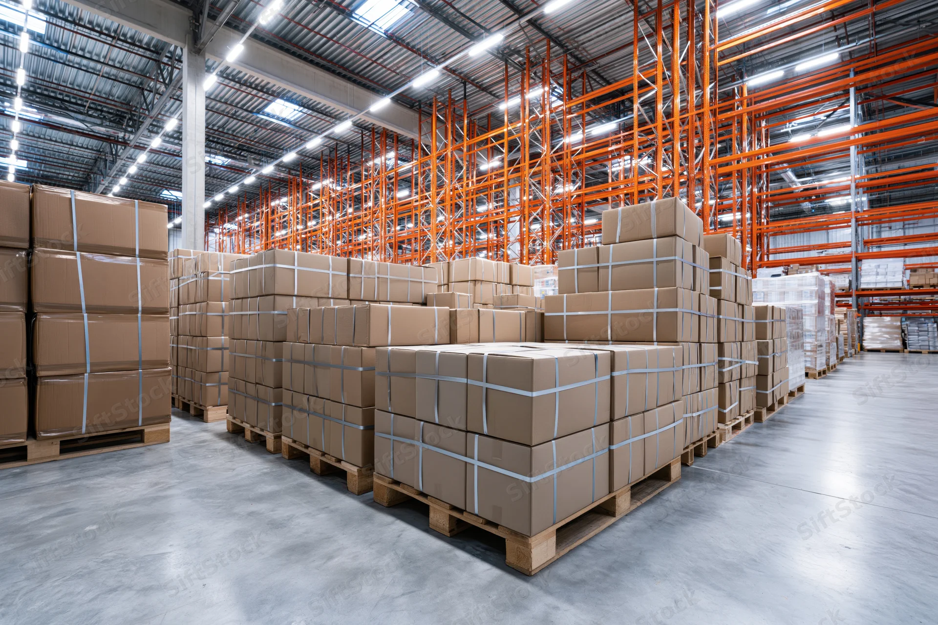Rows of stacked cardboard boxes on pallets in a large industrial warehouse