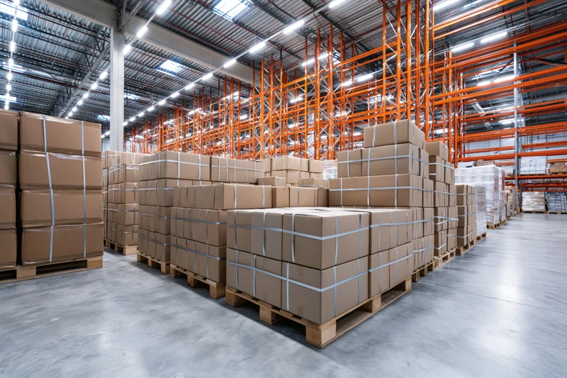 Rows of stacked cardboard boxes on pallets in a large industrial warehouse