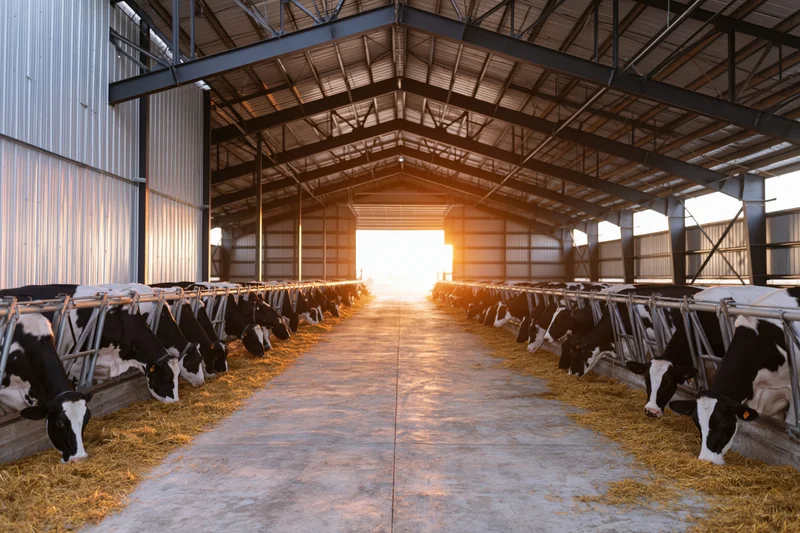 Rows of holstein cows feeding in a modern dairy barn interior