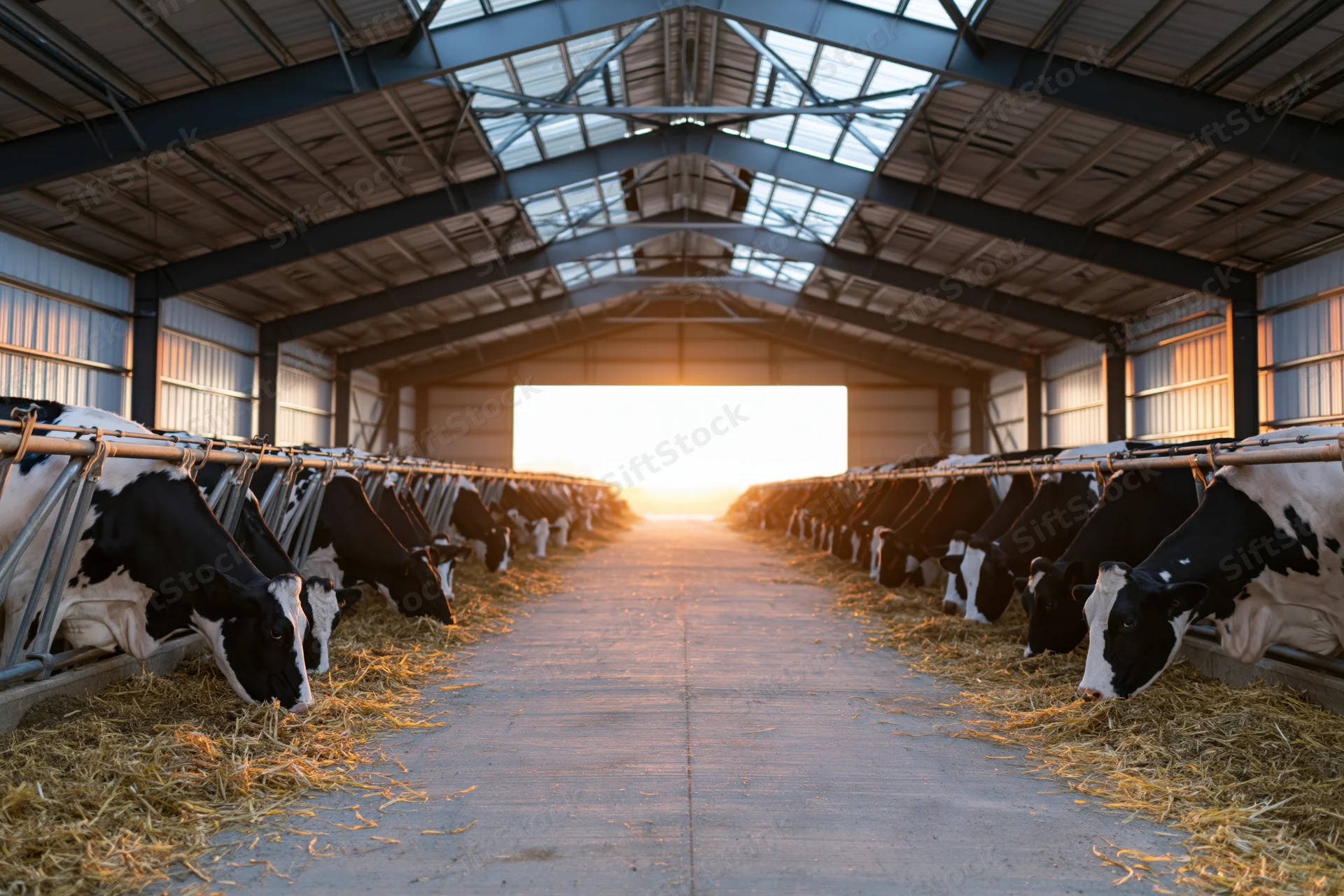 Rows of holstein cows feeding on hay in a modern dairy barn at sunset