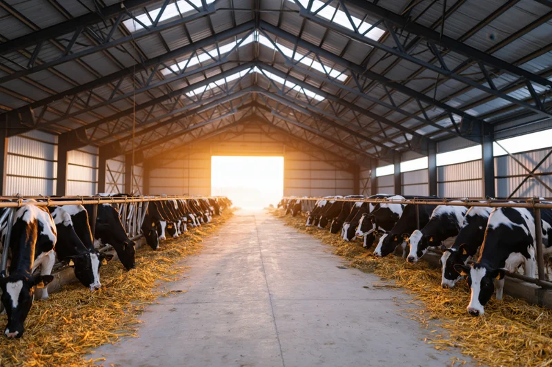 Rows of holstein cows feeding on hay in a modern dairy barn interior at sunrise