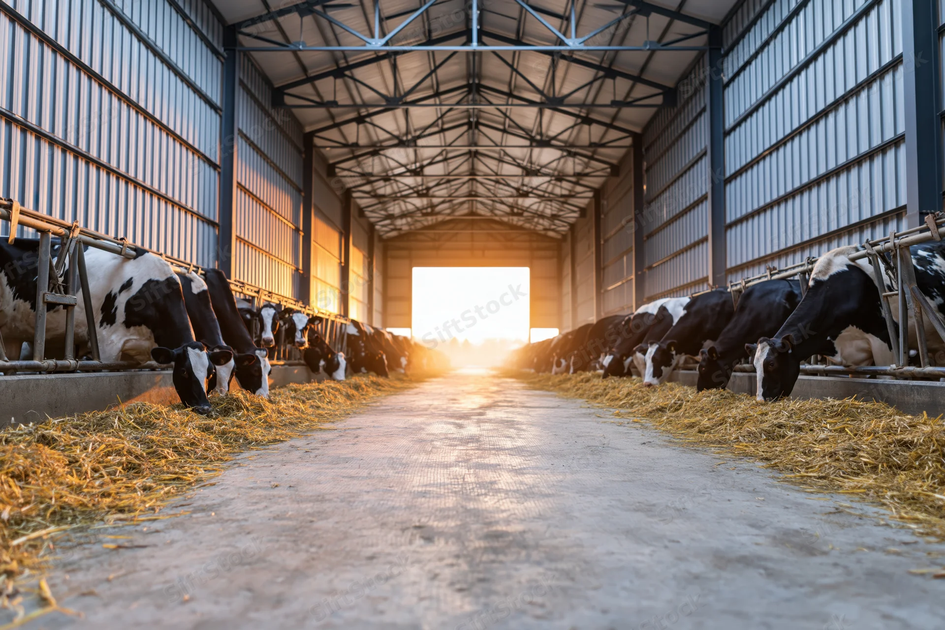 Holstein cows feeding on hay in a modern dairy barn interior at sunrise
