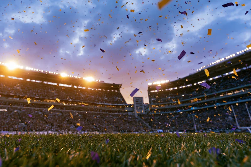 Confetti falling over a football field at sunset in a packed stadium