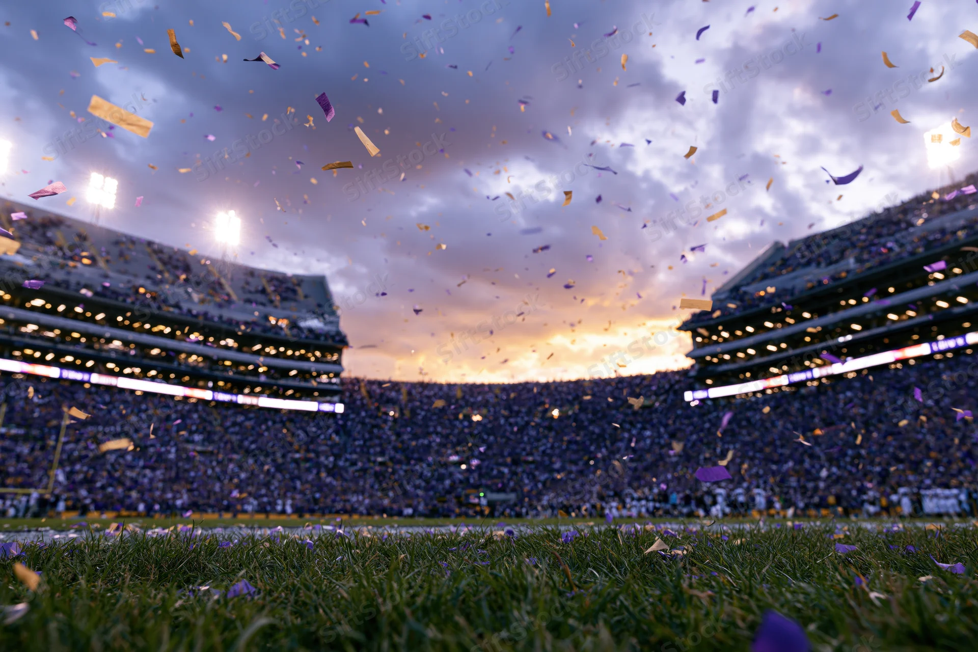 Confetti falling over a packed football stadium at sunset with fans in bleachers and grass in foreground