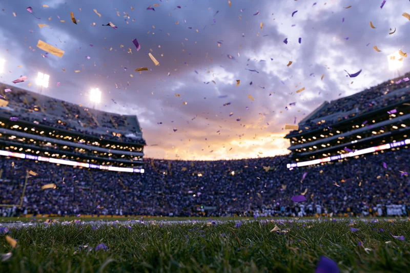 Confetti falling over a packed football stadium at sunset with fans in bleachers and grass in foreground