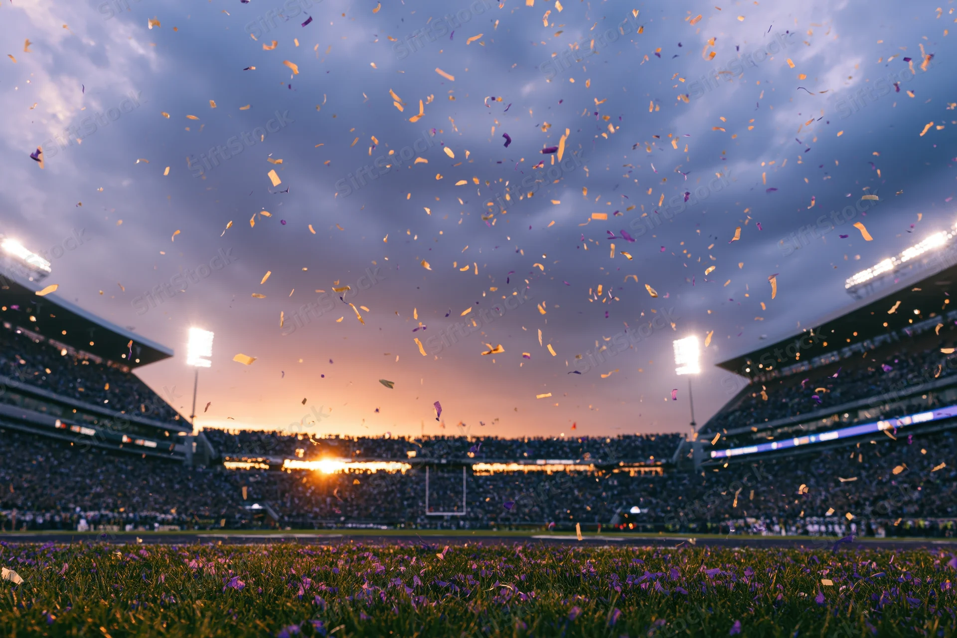 Confetti falling over a football stadium field at sunset with crowd in bleachers