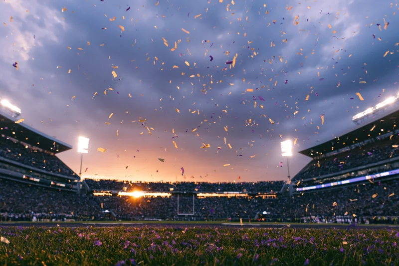 Confetti falling over a football stadium field at sunset with crowd in bleachers