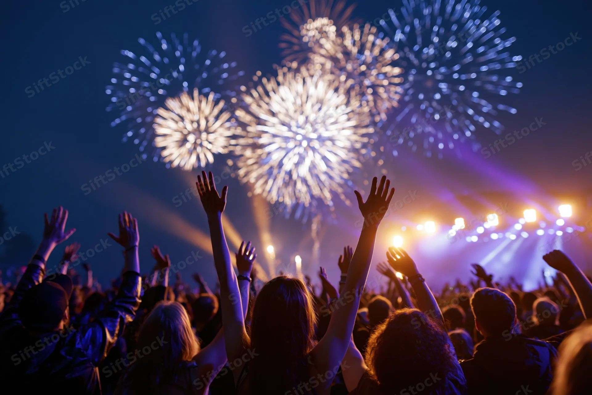 Crowd watching fireworks at night during outdoor concert event