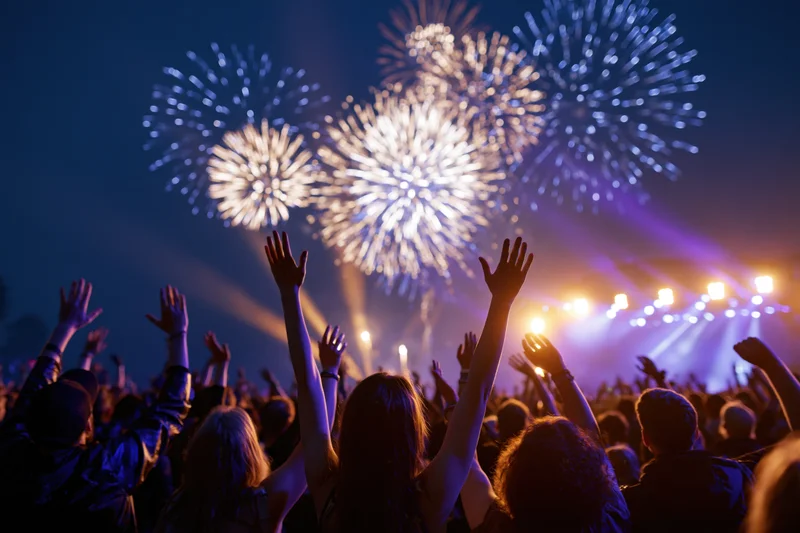 Crowd watching fireworks at night during outdoor concert event