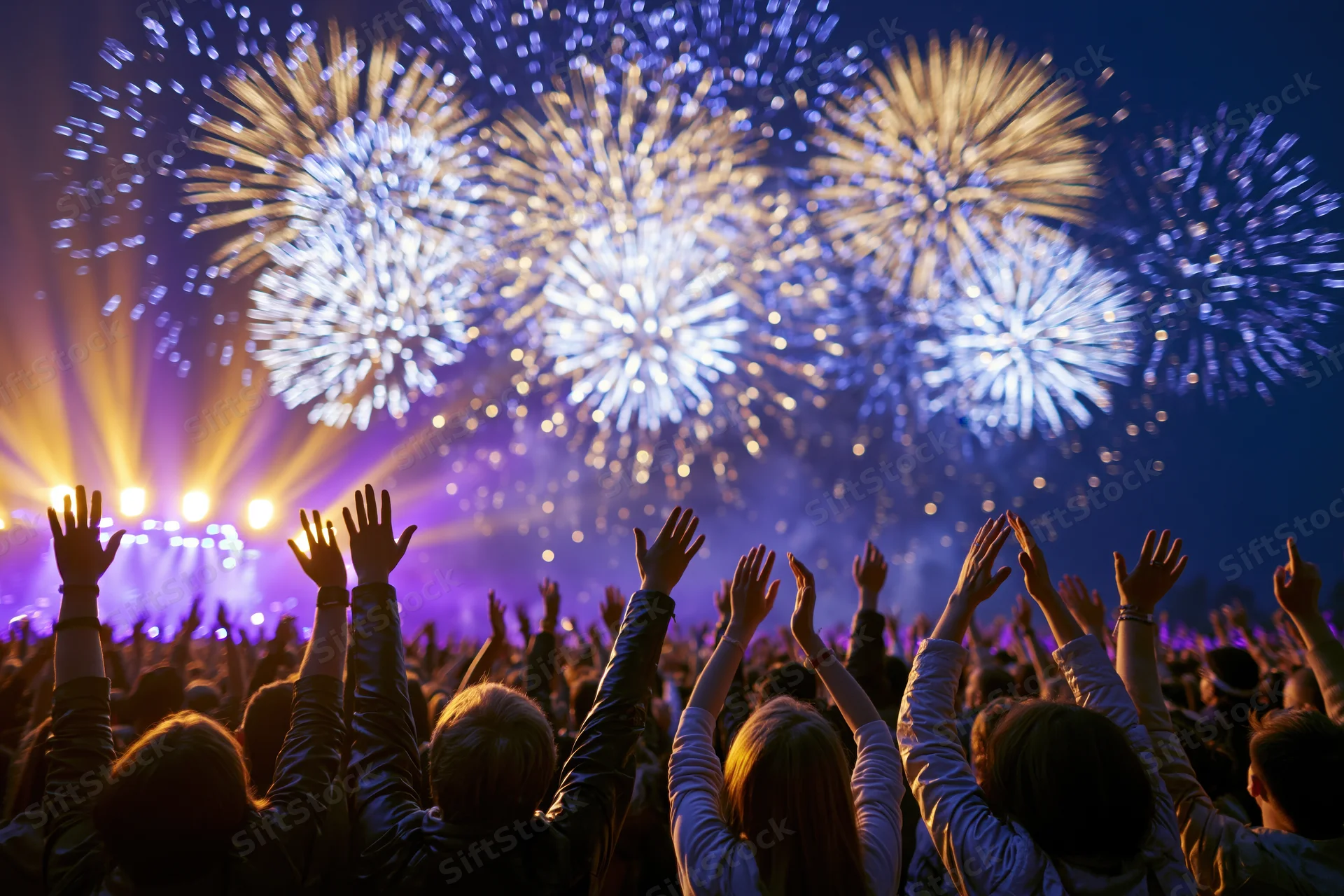 Crowd watching fireworks display at night with arms raised during outdoor event