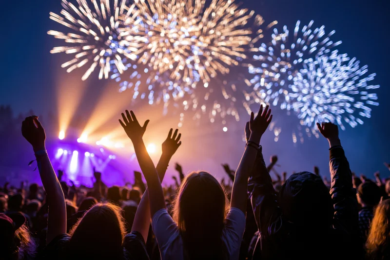 Crowd watching fireworks and stage lights at outdoor concert at night