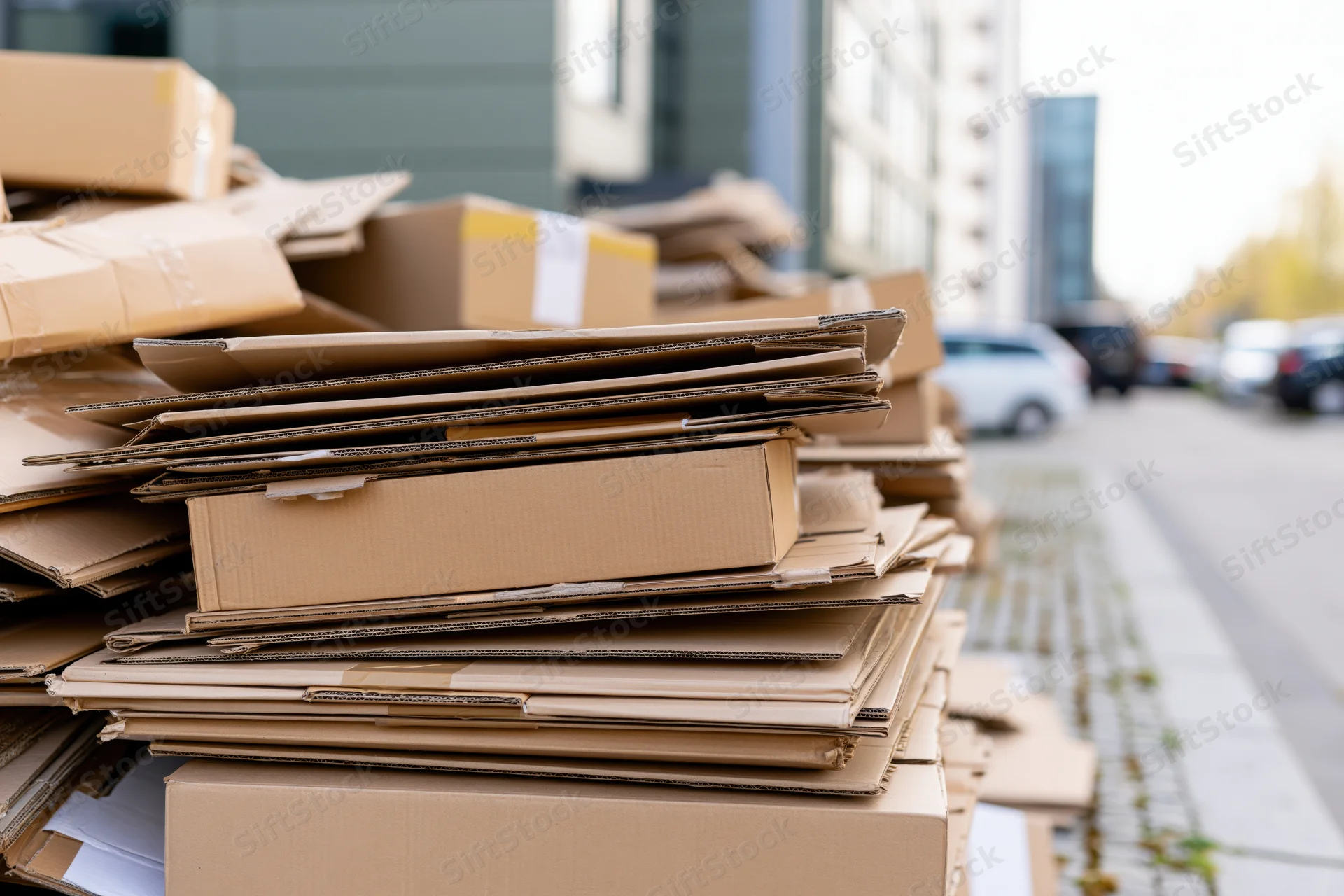 Large pile of flattened cardboard boxes stacked on a city sidewalk near buildings