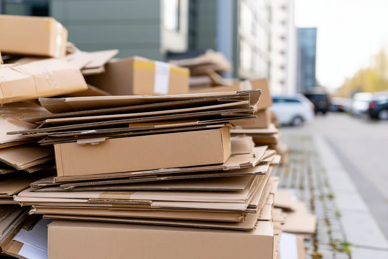 Large pile of flattened cardboard boxes stacked on a city sidewalk near buildings
