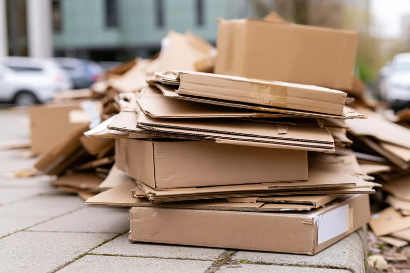 Stack of flattened cardboard boxes piled on sidewalk outdoors