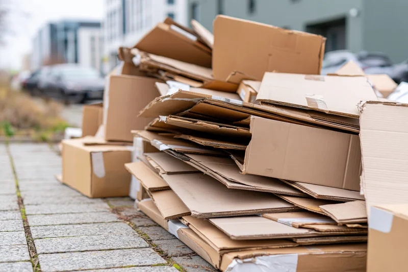 Large pile of flattened cardboard boxes stacked on a sidewalk outside a building