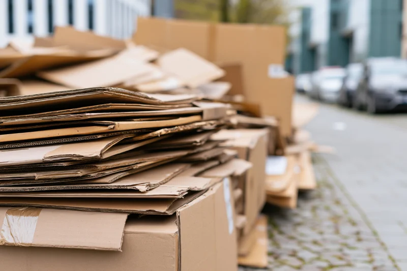 Flattened cardboard boxes stacked in a pile on a city sidewalk near parked cars