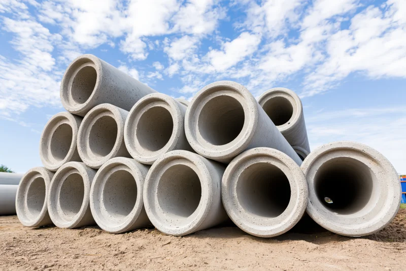 Precast concrete drainage pipes stacked in pyramid formation on construction site ground under blue sky