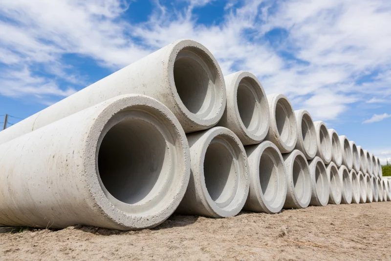 Large precast concrete drainage pipes stacked in a pyramid formation outdoors under a blue sky with clouds