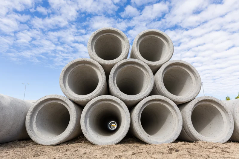 Large precast concrete drainage pipes stacked in a pyramid formation outdoors under a blue sky with clouds