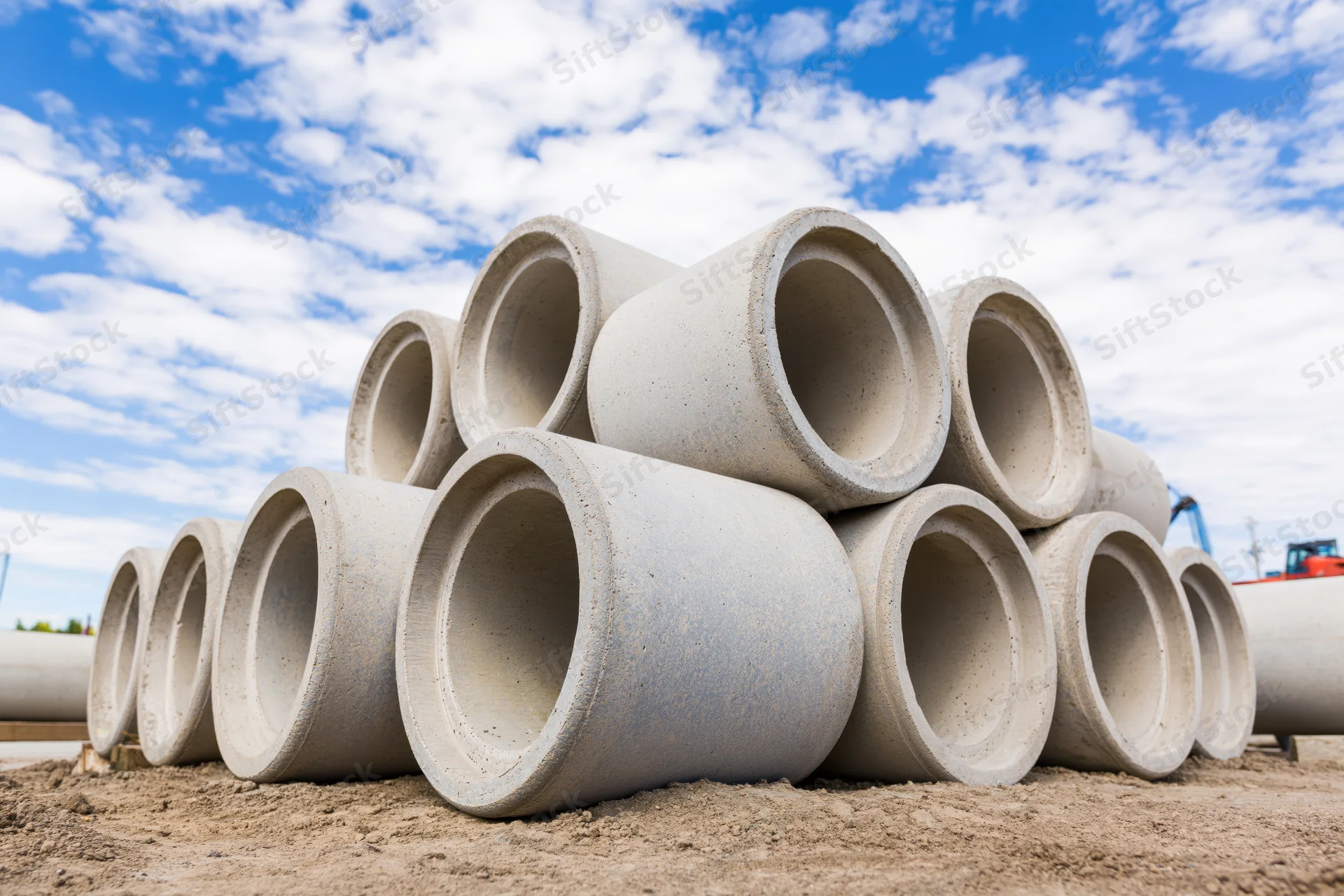 Large precast concrete drainage pipes stacked in a pyramid formation on a construction site under a blue sky with clouds