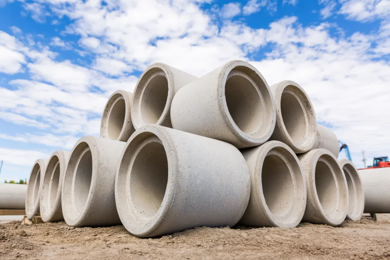 Large precast concrete drainage pipes stacked in a pyramid formation on a construction site under a blue sky with clouds