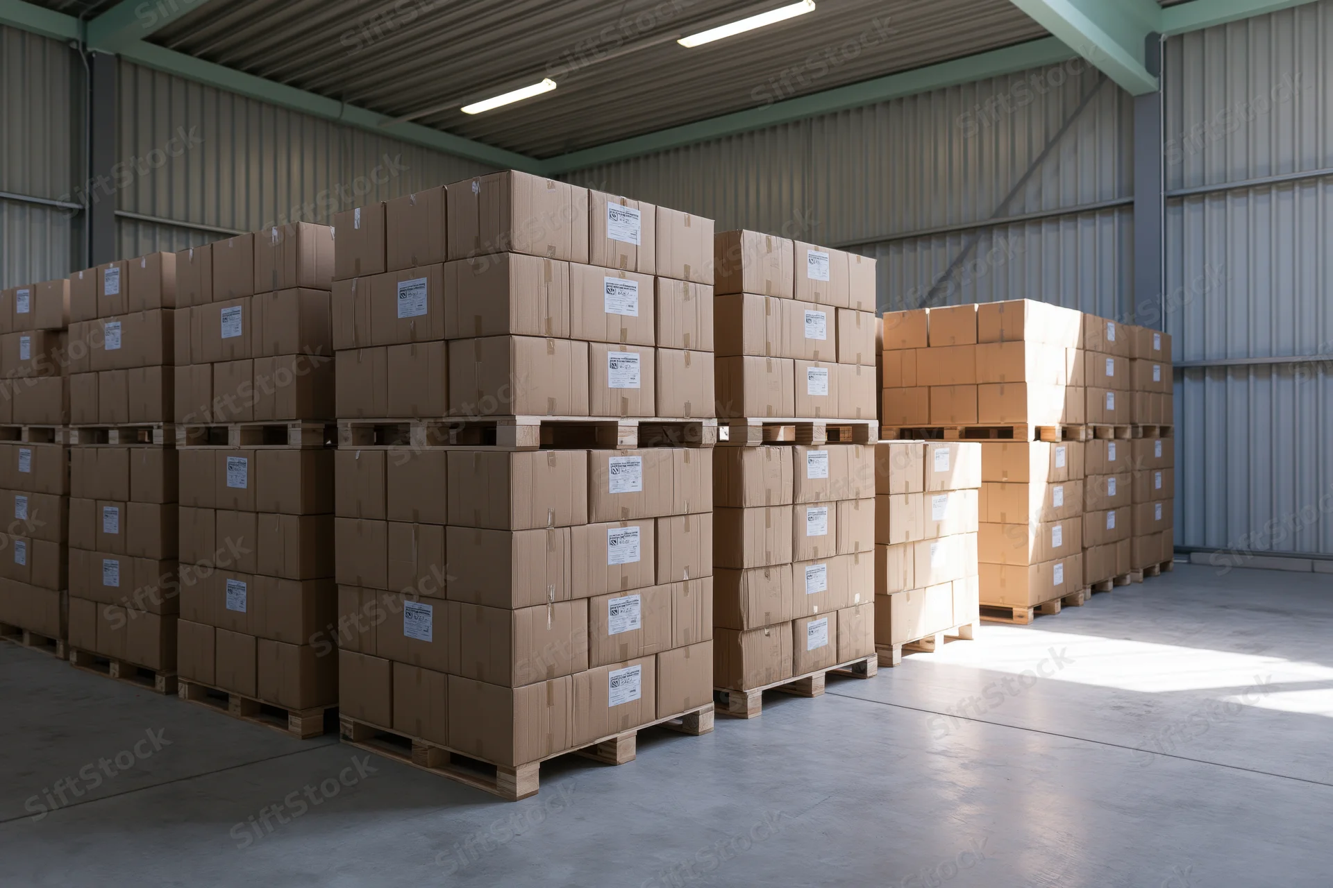 Stacks of sealed cardboard boxes on wooden pallets in a warehouse interior